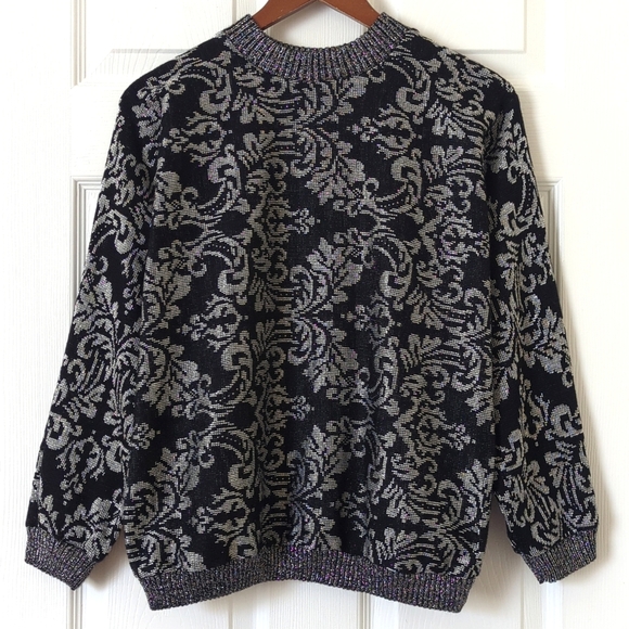 Allura 80's Vintage Funky Lurex Motif Jacquard Knit Mock Neck Sweater Black M - Picture 1 of 11